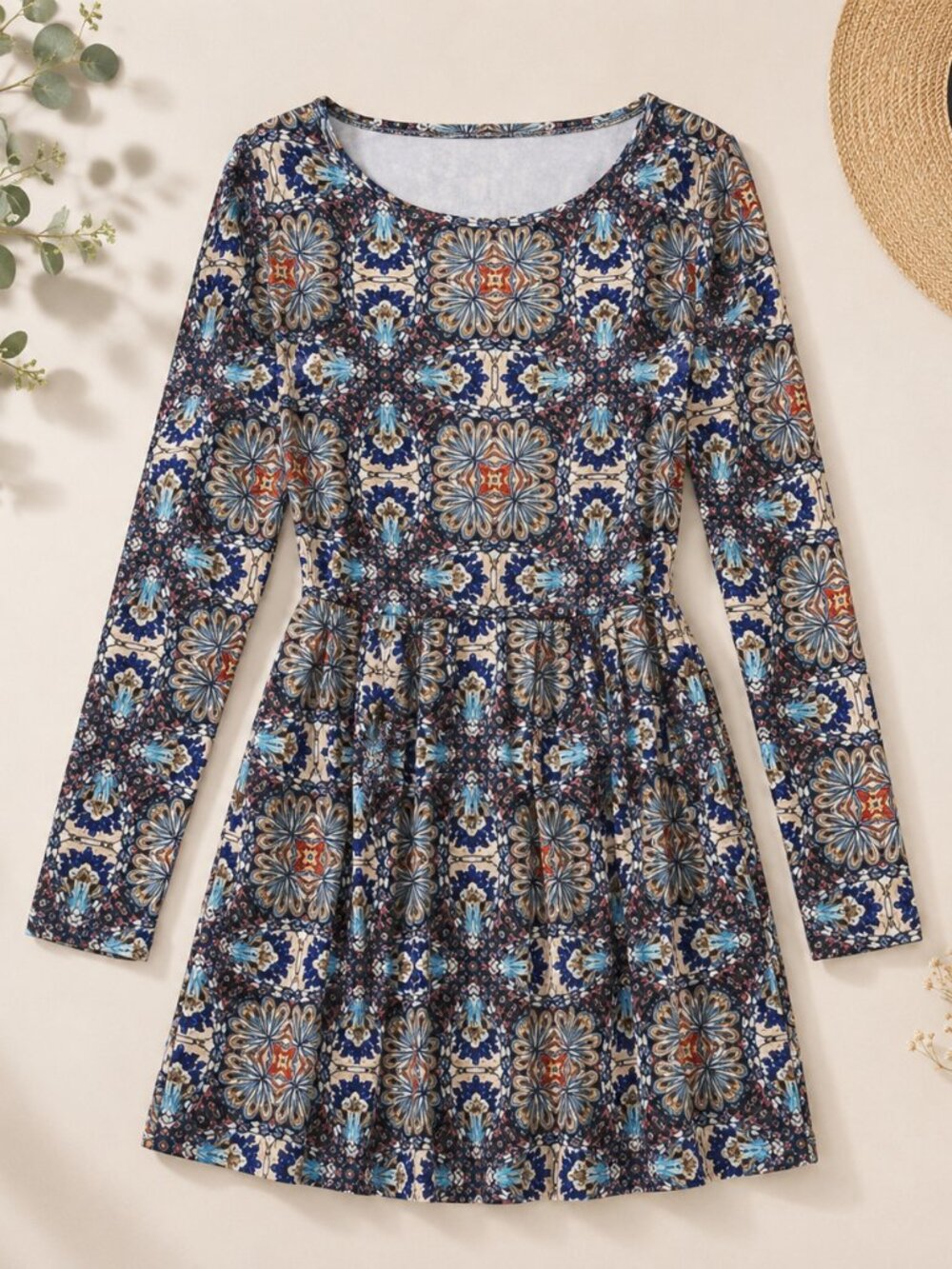 Retro Style Bell Sleeve Mini Dress – Psychedelic Print, Size Large, One Clot